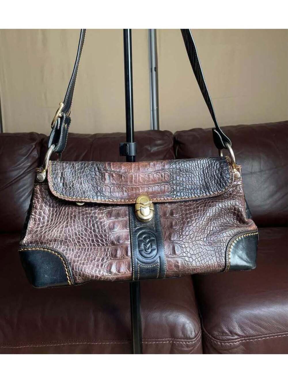 Vintage Marino Orlandi Crocodile Embossed Leather Shoulder Bag Made in Italy
